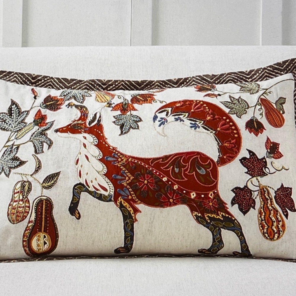 NWT Pottery Barn Fox Embroidered Lumbar Pillow Cover Woodland Cabin Cottage